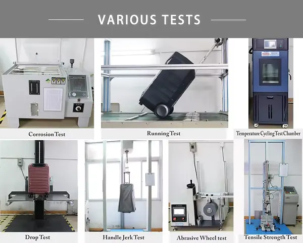 Test items for jx factory handle of luggage. Including: Shock Resistance Test​​, Fatigue & Durability Tests​​, Wobble Tolerance Test​​, Ergonomic Pull Force​​, Locking Mechanism Test​​