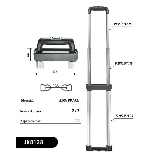 jx8128 replacement parts for luggage Structural data graph：Material: PP/ABS/Aluminum Number of stages: 2/3 (Número personalizável de estágios) Distância central: 130mm Case Height: 17″~30″ and above Applicable suitcases: PC (mala dura)