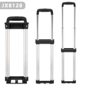 Model JX8128 Retractable Luggage Handle​​ Three-stage telescopic design in silver aluminum alloy with anti-slip black polymer grip. Fully collapsed → Partially extended → Fully extended positions. Compatible with 20"-28" suitcases, featuring tool-free installation and a reinforced wheelbase.