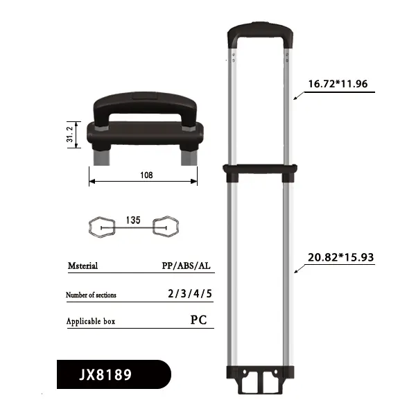 Structural data of retractable handle luggage-JX8189, including material, number of sections, applicable box, center distance