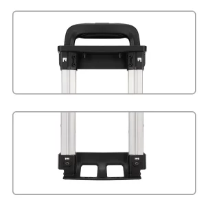Dual-view trolley structure diagram, top black handle + silver metal frame, bottom four support feet with double silent wheels, black and white minimalist design, suitable for supermarkets/airport scenes.