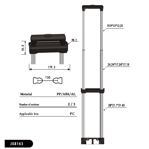 The parameter diagram of the JX8163 trolley handle. You can check whether it is suitable according to your suitcase.