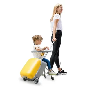 Kids Ride-On Luggage Trolley with Seat: Yellow/blue foldable design with swivel wheels. Transforms from ride-on toy to luggage carrier