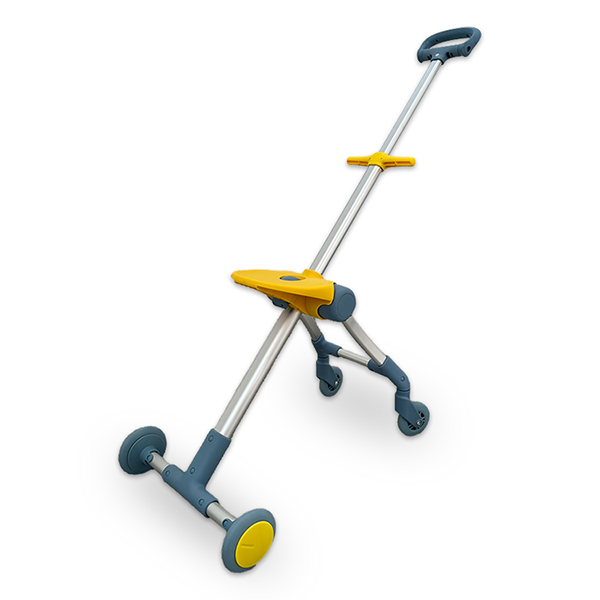 Vibrant yellow-and-blue Kids Ride-On Luggage Trolley with Seat: Durable metal frame, foldable design, and 4 swivel wheels. Features a detachable ride-on seat (front) + luggage platform (rear), showcased in collapsed, expanded, and luggage-mounted modes. Ideal for travel and play, blending portability and child-friendly fun.