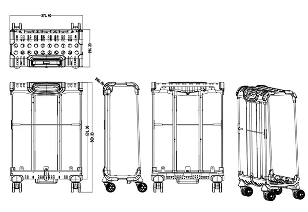 Structure diagram of Telescopic trolley frame handle, including data parameters and front and side details
