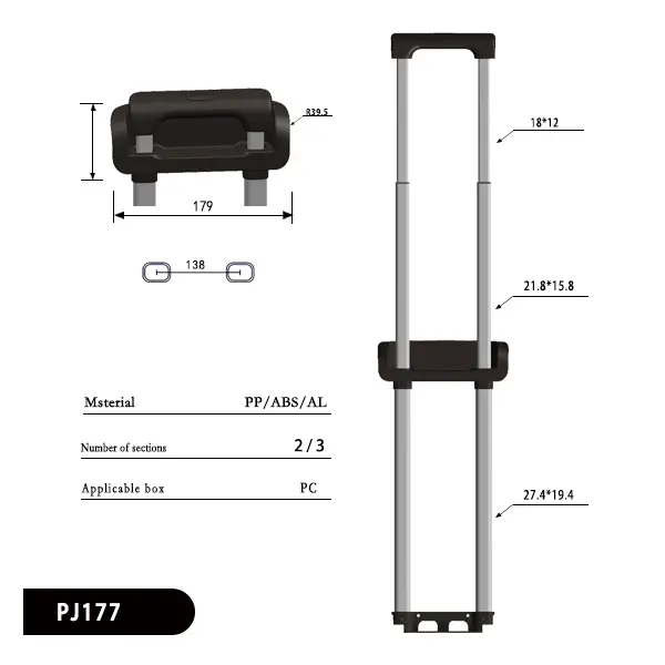 Date parameters of PJ177 fabric luggage handle, Including center distance, R-angle curvature, applicable to box bodies