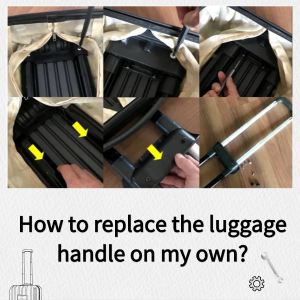 A step-by-step photo guide showing how to disassemble and install a new telescopic handle on a suitcase, from opening the liner to locking the new pole in place.