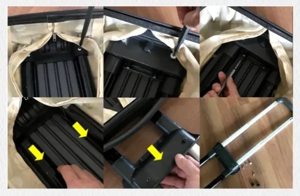 A step-by-step photo guide showing how to disassemble and install a new telescopic handle on a suitcase, from opening the liner to locking the new pole in place.