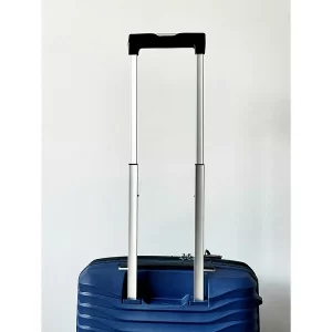 Telescopic suitcase handle extended on PP hard-shell luggage: 2-5 sections, textured grip, anodized aluminum rods. Compatible with the Samsonite KJ1 suitcase.