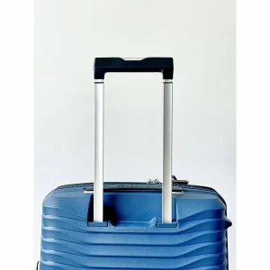 Samsonite KJ1 navy blue hardshell suitcase with JX8133 silver telescopic suitcase handle. Features black textured handle, durable zipper and vertical design lines against a white background.