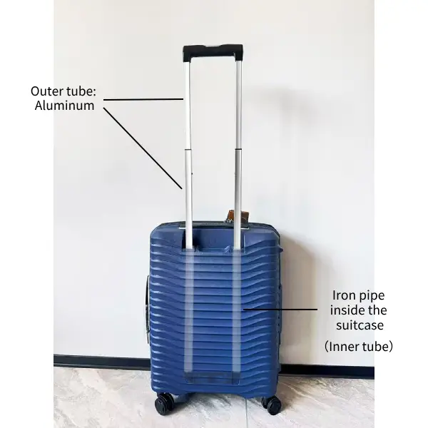 The Iron-Outer and Aluminum-Inner Telescopic Handle is installed on the luggage compartment, where the iron and aluminum tubes are located.