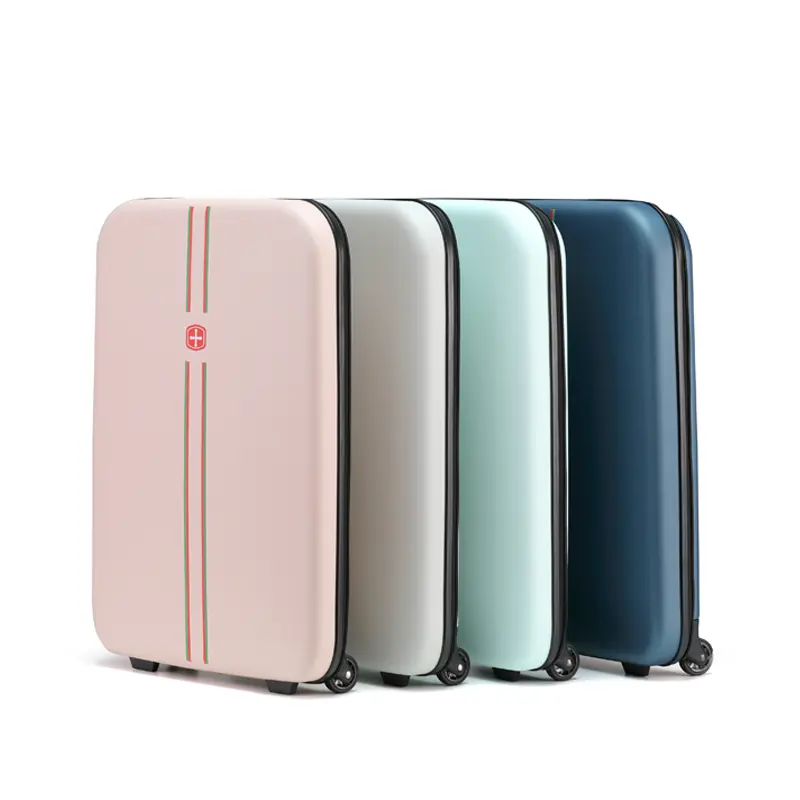 SJYJ001 Foldable Luggage in its folded form. Available in four colors: milky white, light pink, navy blue, and light blue.