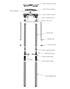 JX8228型号部分结构图 1 伸缩手柄, 显示内盖, 外管, 和推杆组件.