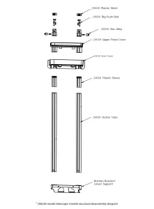JX8228伸缩行李把手部分视图 2, 按钮组件的细节, 小管, 中管, 和内部锁定机构部件.