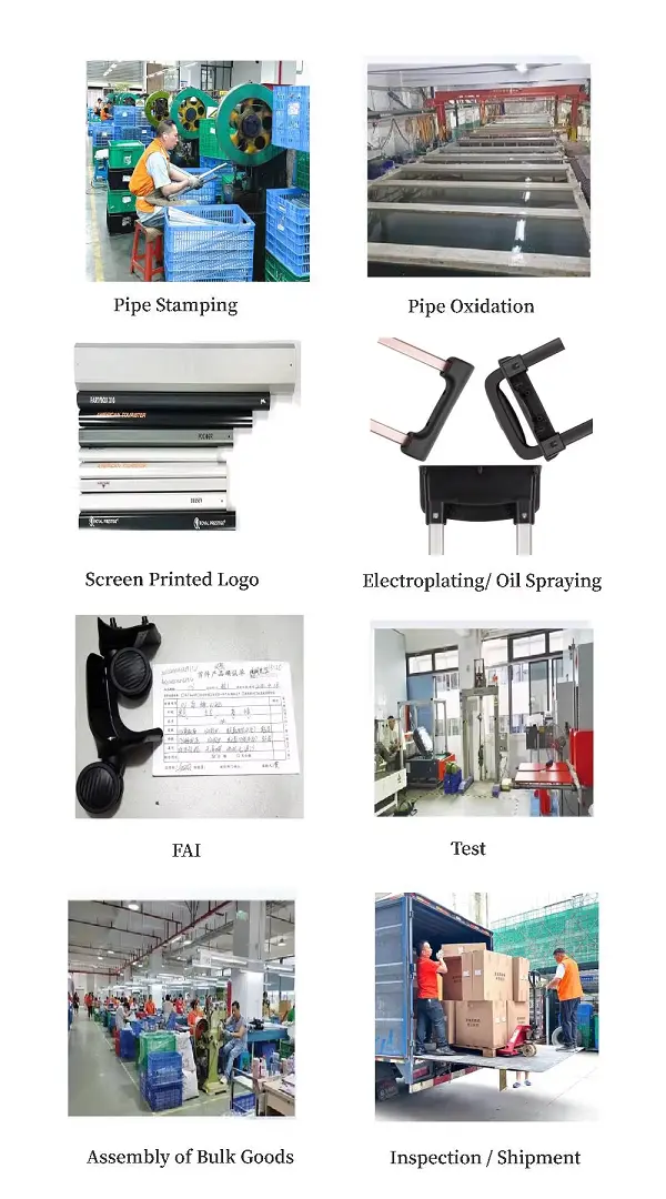 OEM Telescopic Handle Manufacturing Process: pipe stamping, pipe oxidation, screen-printed logo, electroplating/oil spraying, FAI, test, assembly of bulk goods, inspection/shipment 