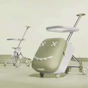 Equipaje de mano verde para niños con barandilla., agarre, Puerto USB, Viajes aéreos y familia