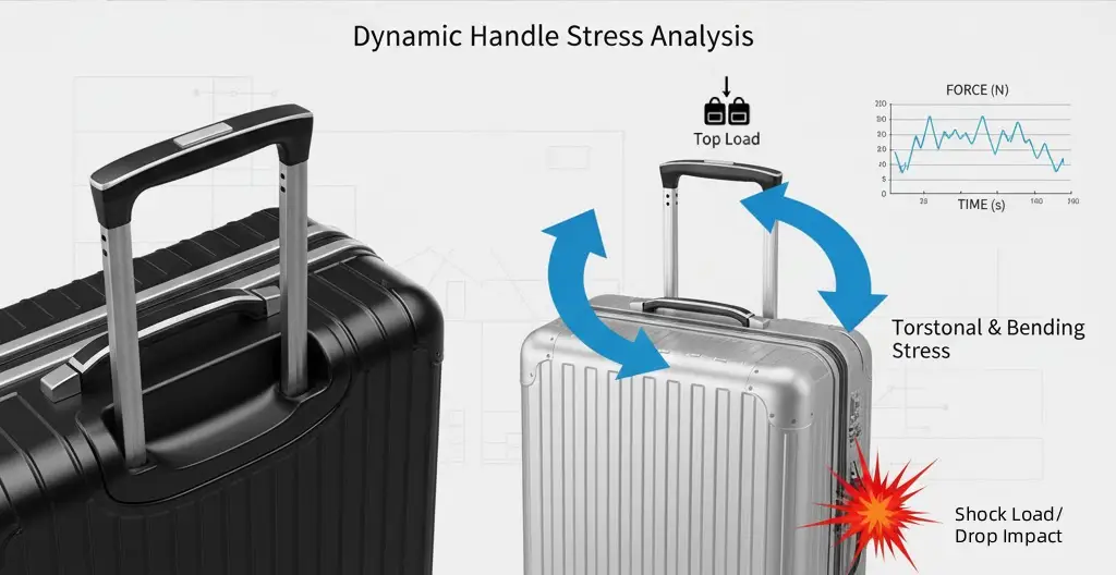 Suitcase telescopic handle capacity testing diagram, showing dynamic stress analysis under 310N top load, torsional bending, and drop impact. The graph illustrates force variation over time, validating structural durability.​