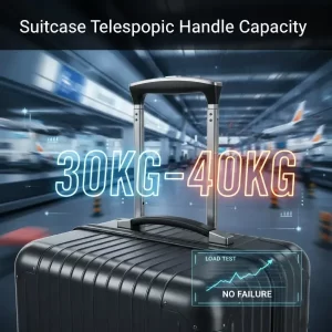 Suitcase telescopic handle capacity test result, showing robust performance under 30 kg to 40 kg load with no failure.